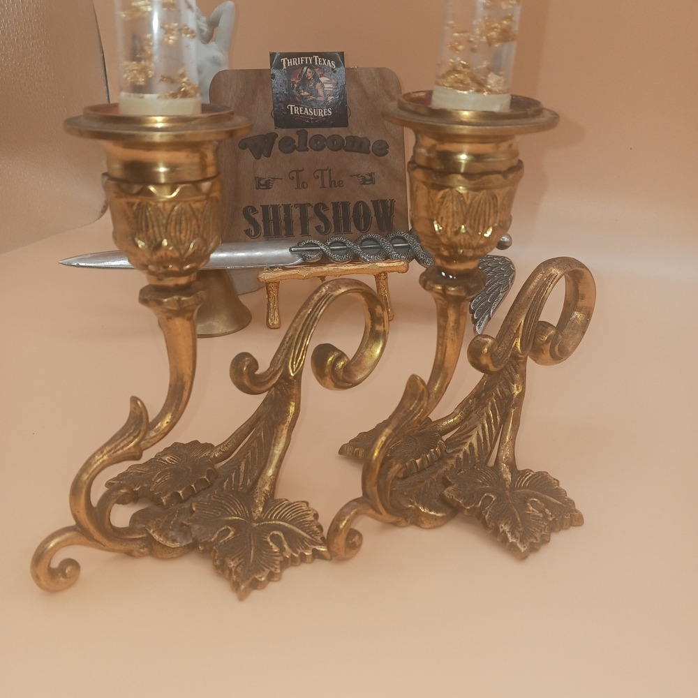 Vintage Brass Toned Leaf Candlestick Holders Pair Ornate Scroll Design Taper Set
